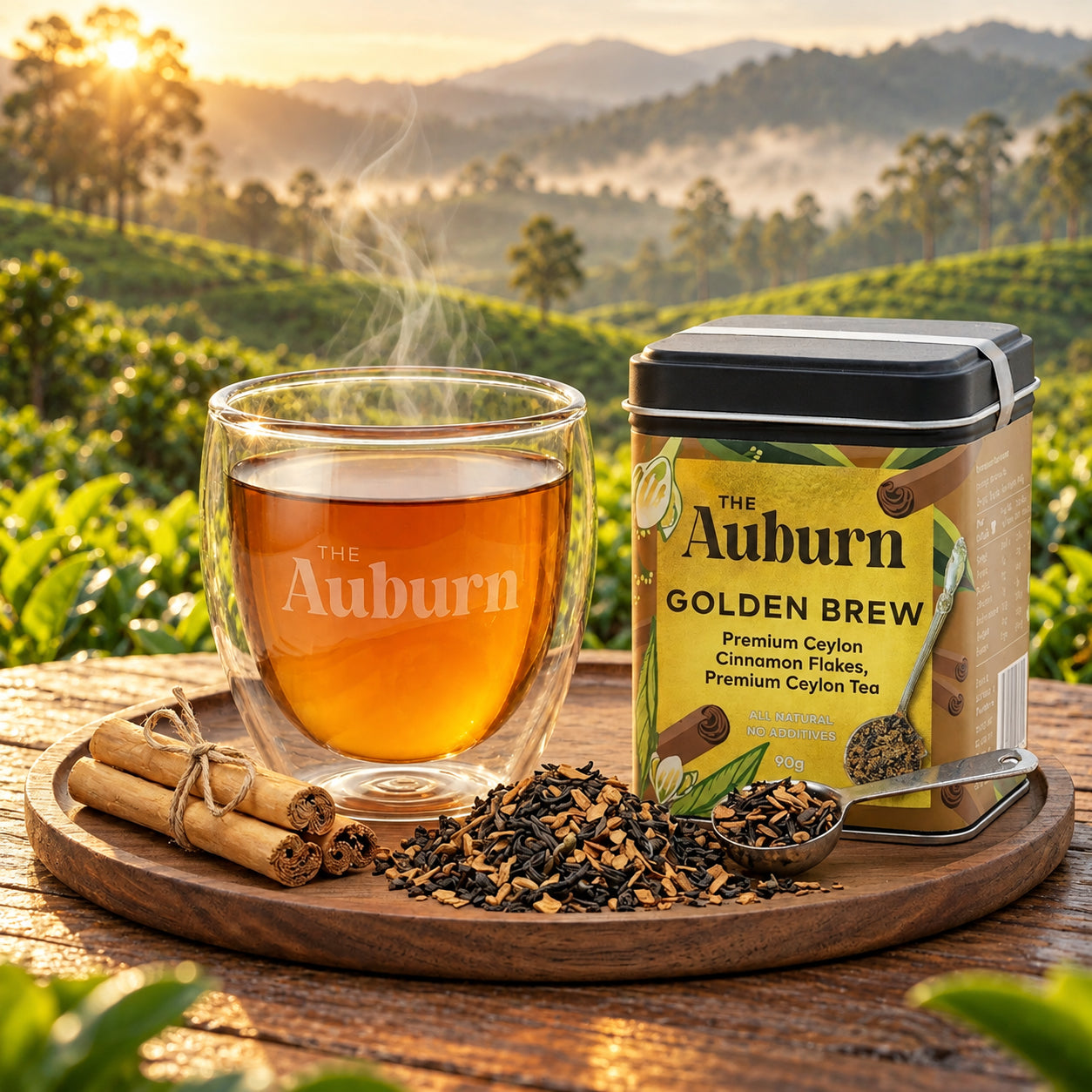 Golden Brew tin with a glass cup