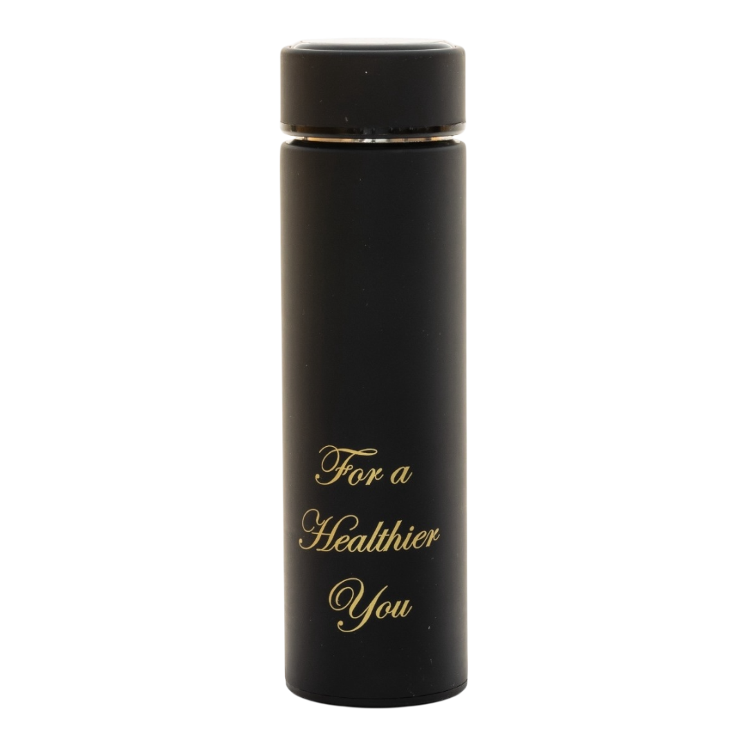The Auburn matte black travel flask with strainer