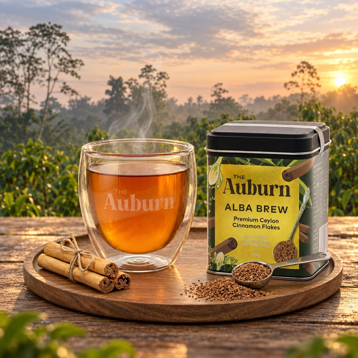Alba Brew tin with a glass cup