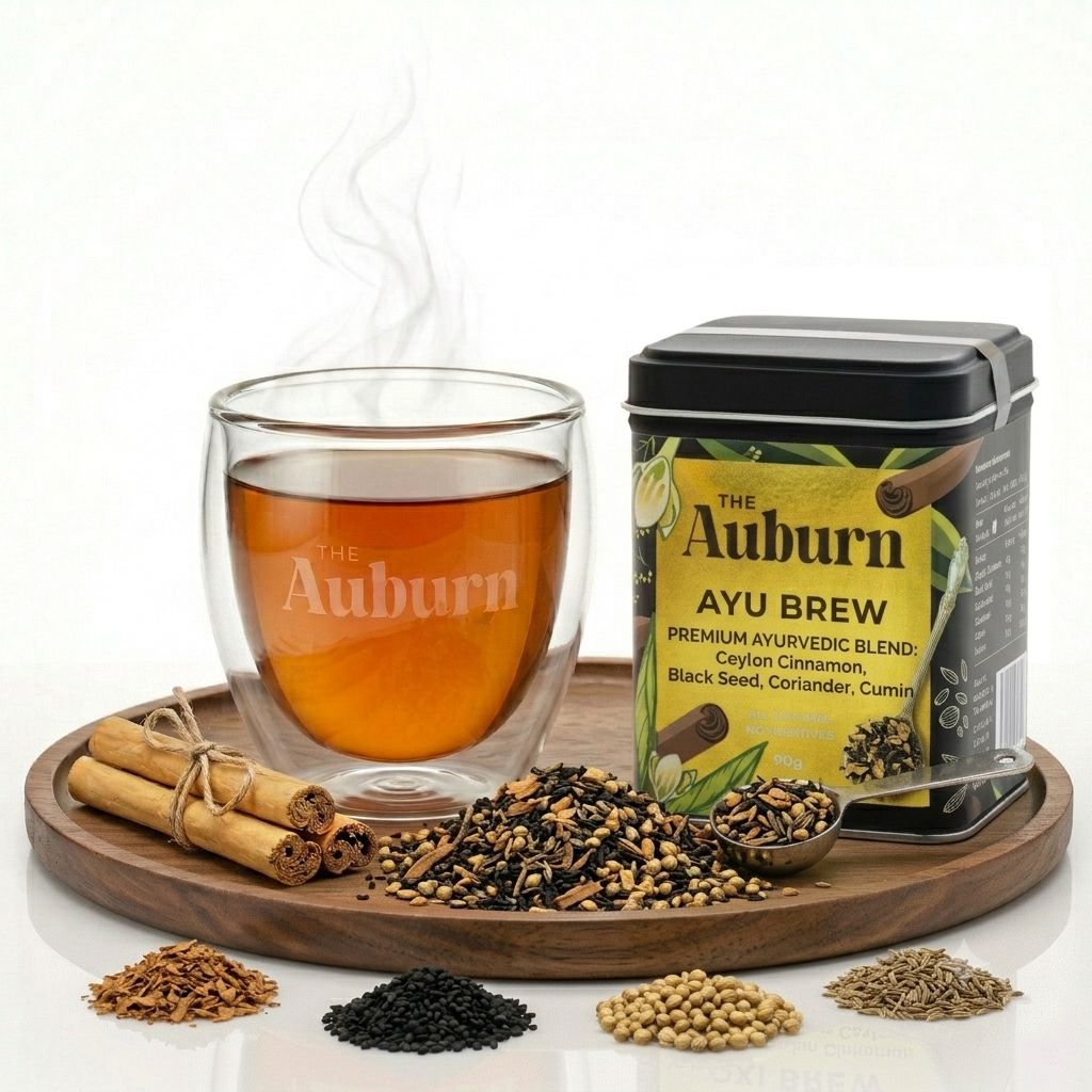 Ayu Brew 90g tin beside a glass cup of brew, cinnamon quills and bowls of black seed, cumin and coriander