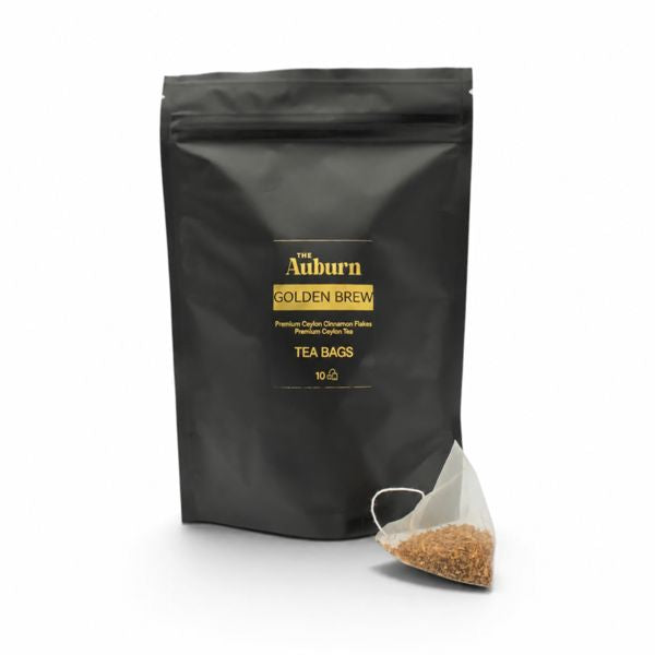Golden Brew 10 tea bags pouch with a pyramid tea bag