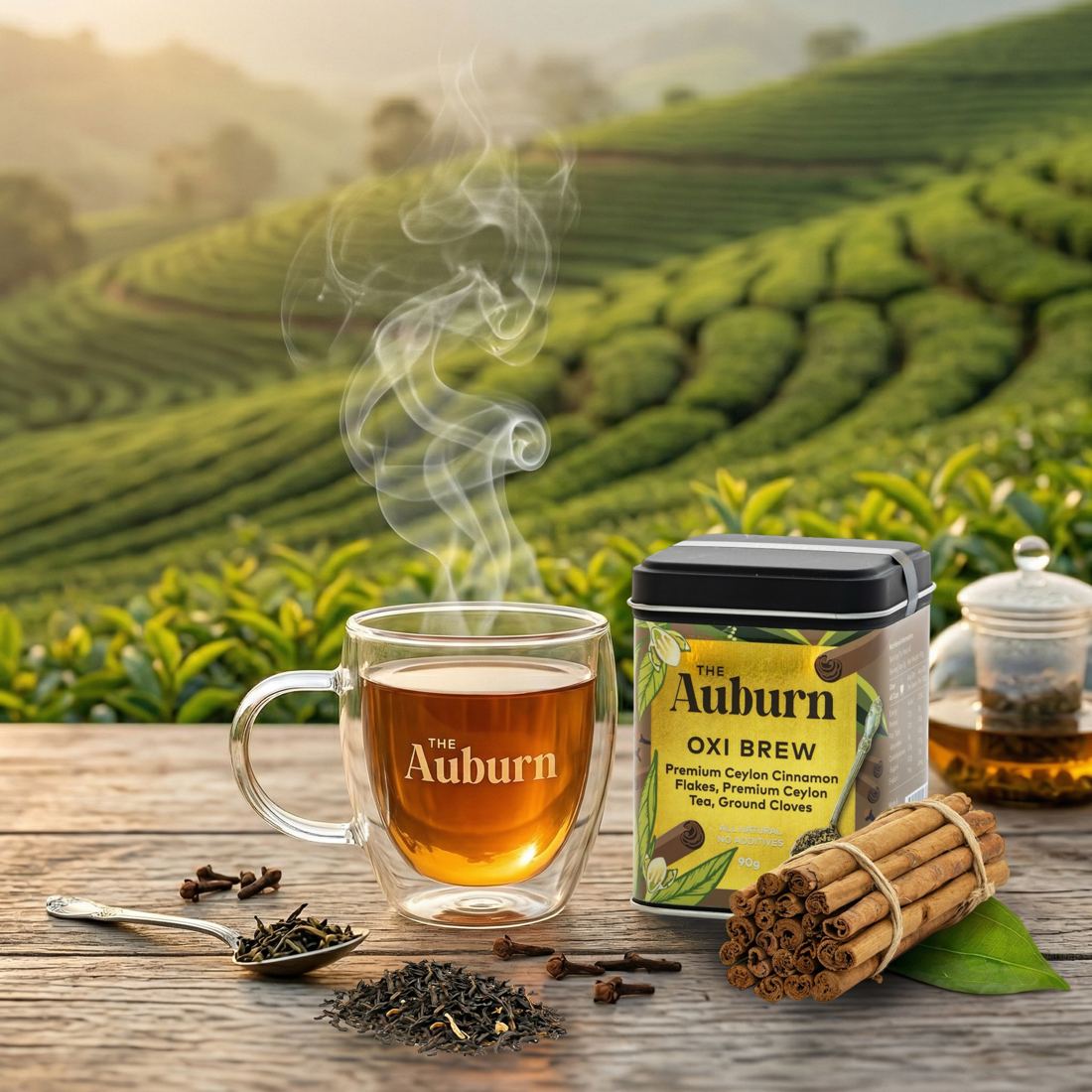 Oxi Brew 90g tin beside a glass cup of brewed tea, cinnamon quills and a tea plantation behind