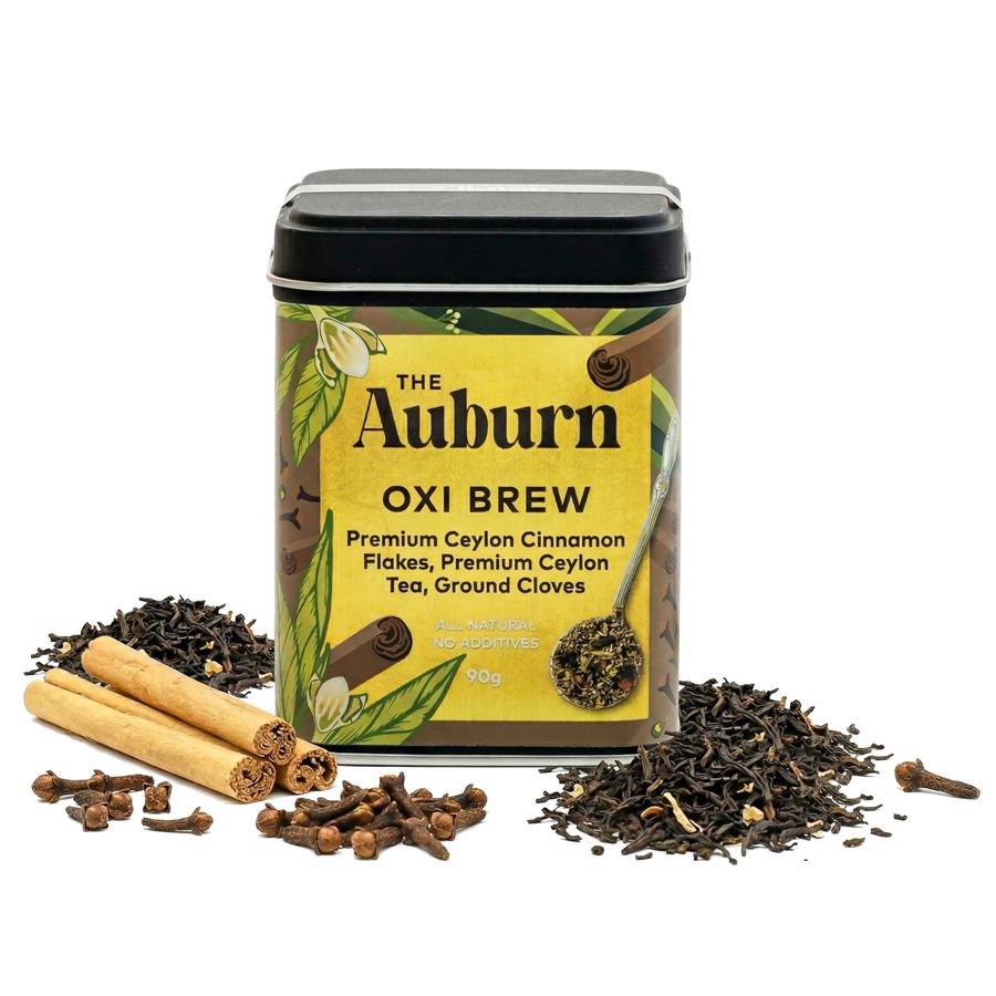 Oxi Brew tin with cinnamon quills, loose Ceylon tea and whole cloves