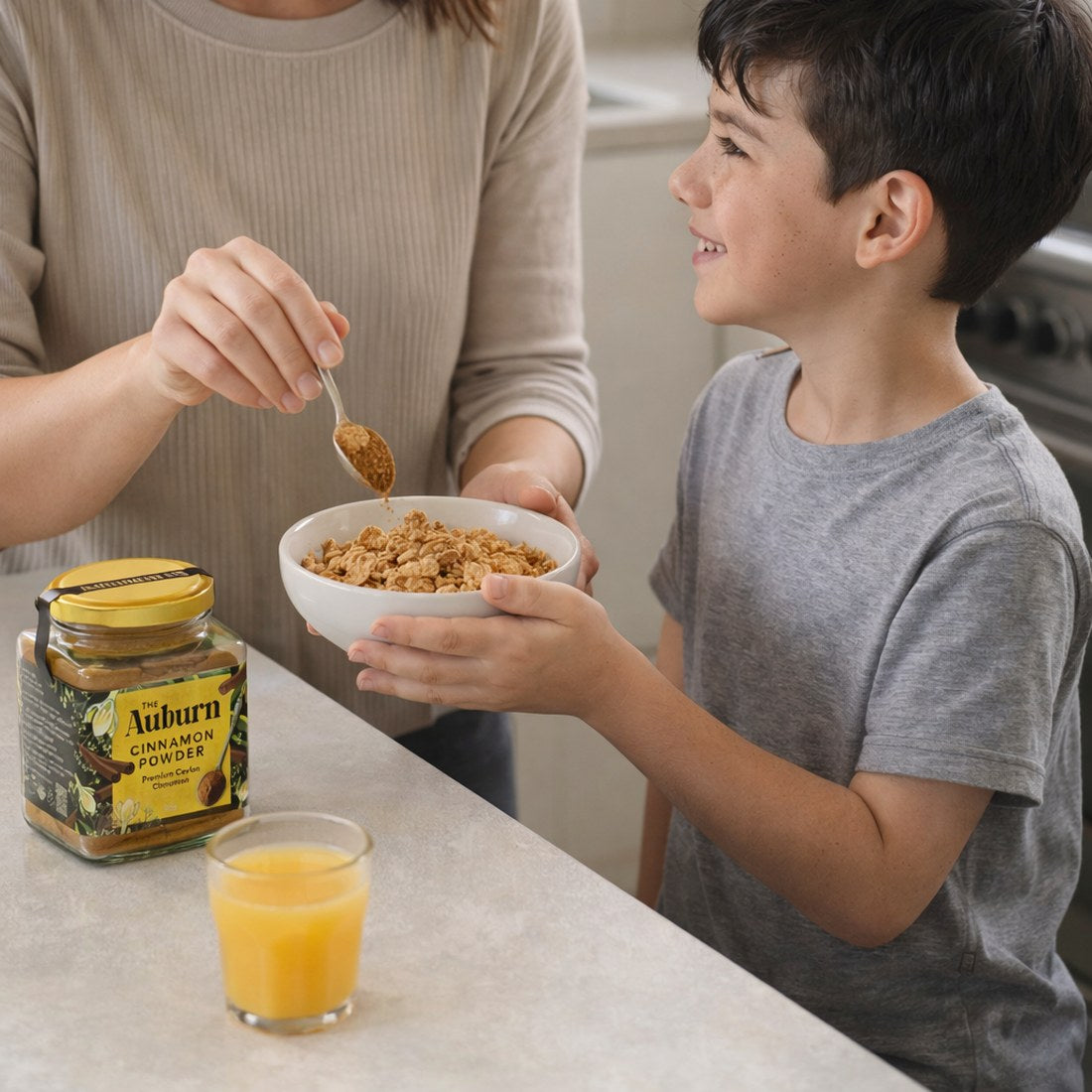 Ceylon Cinnamon Powder being added to a breakfast bowl